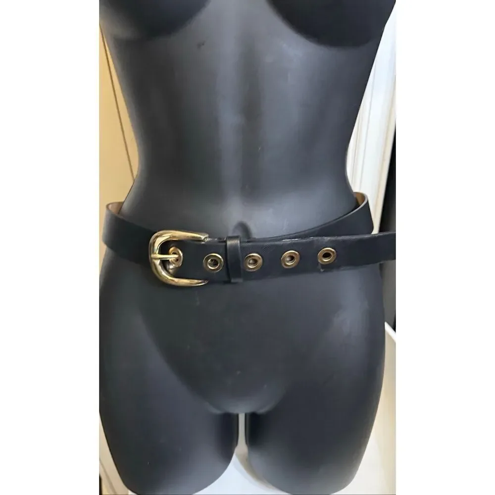 Women's Leather Gold-tone Grommet Adjustable Waist Belt Black OS